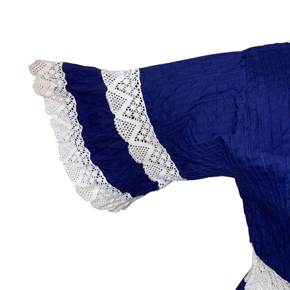 Vintage Womens Dress Size Small Blue Mexican Sleeve Crochet Lace Pintuck Cotton - Picture 8 of 14